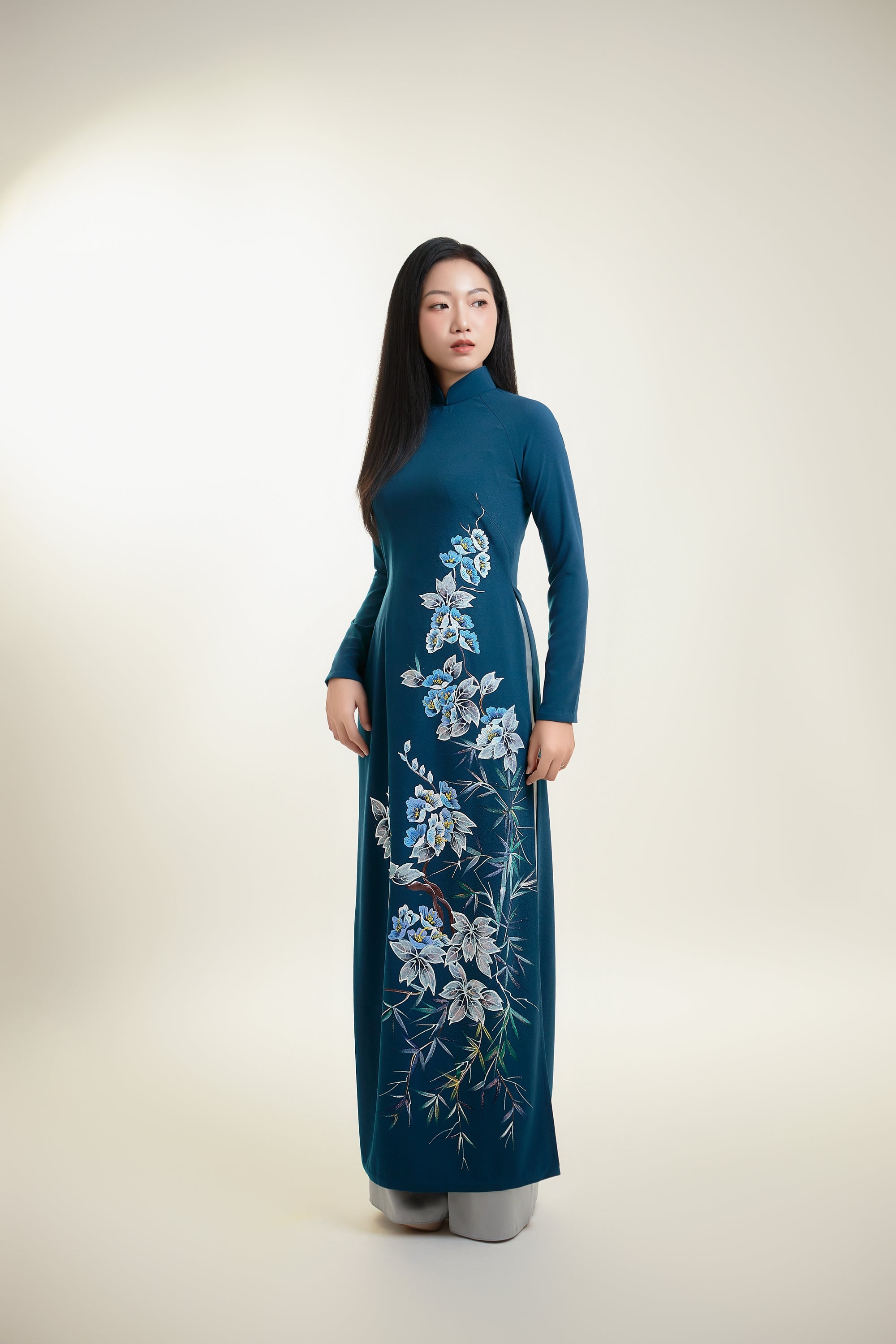 Hand-painted Ao Dai on Teal Silk and Grey Pants