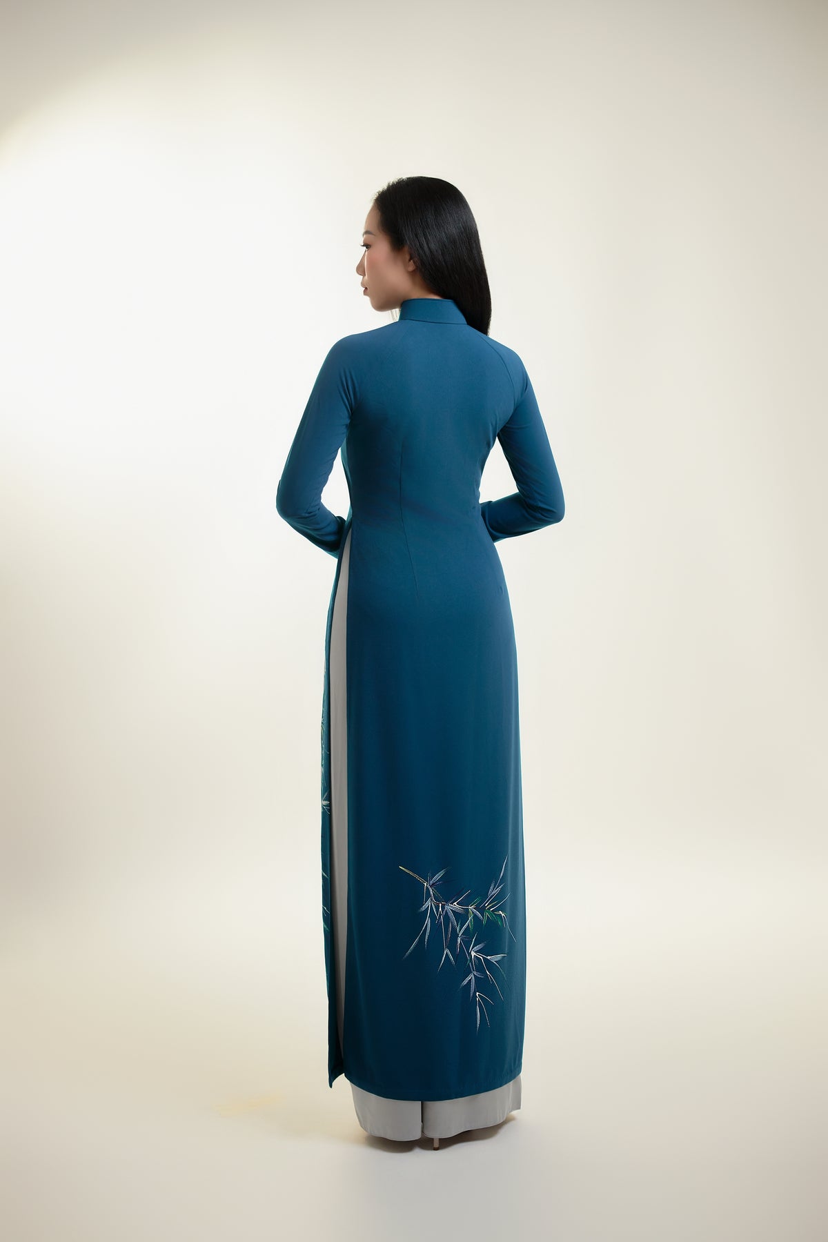 Hand-painted Ao Dai on Teal Silk and Grey Pants