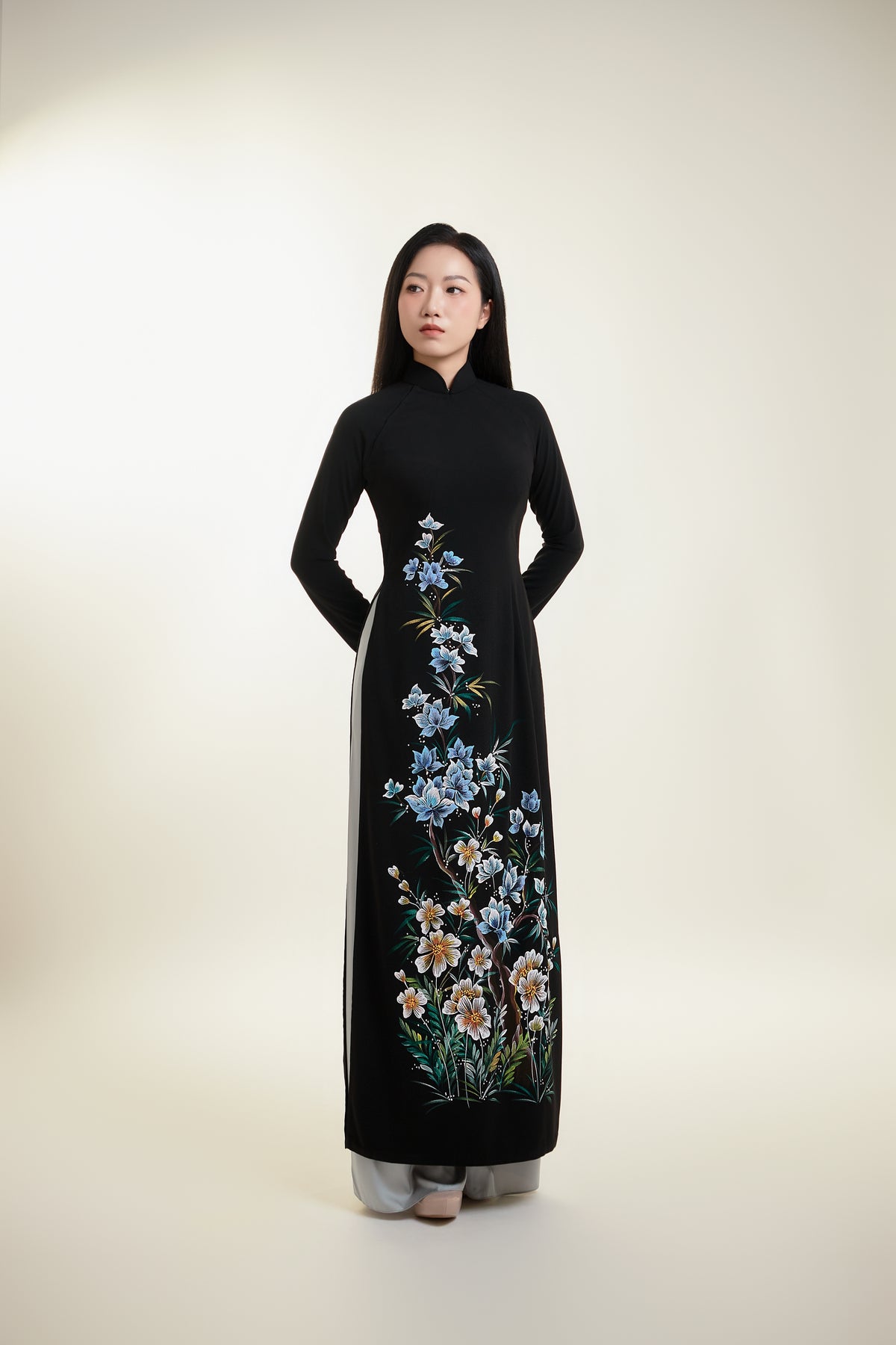 Hand-painted Ao Dai on Black Silk and Grey Pants