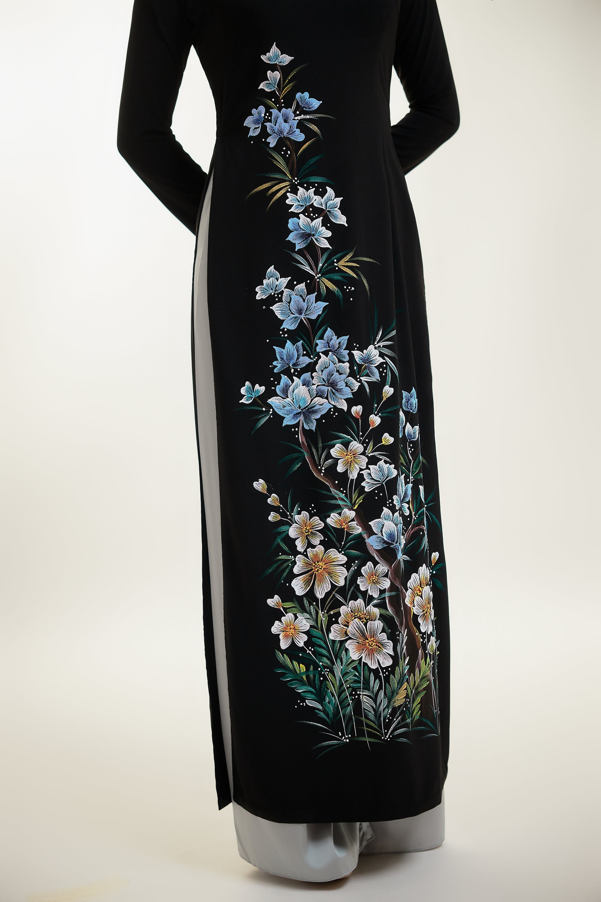 Hand-painted Ao Dai on Black Silk and Grey Pants