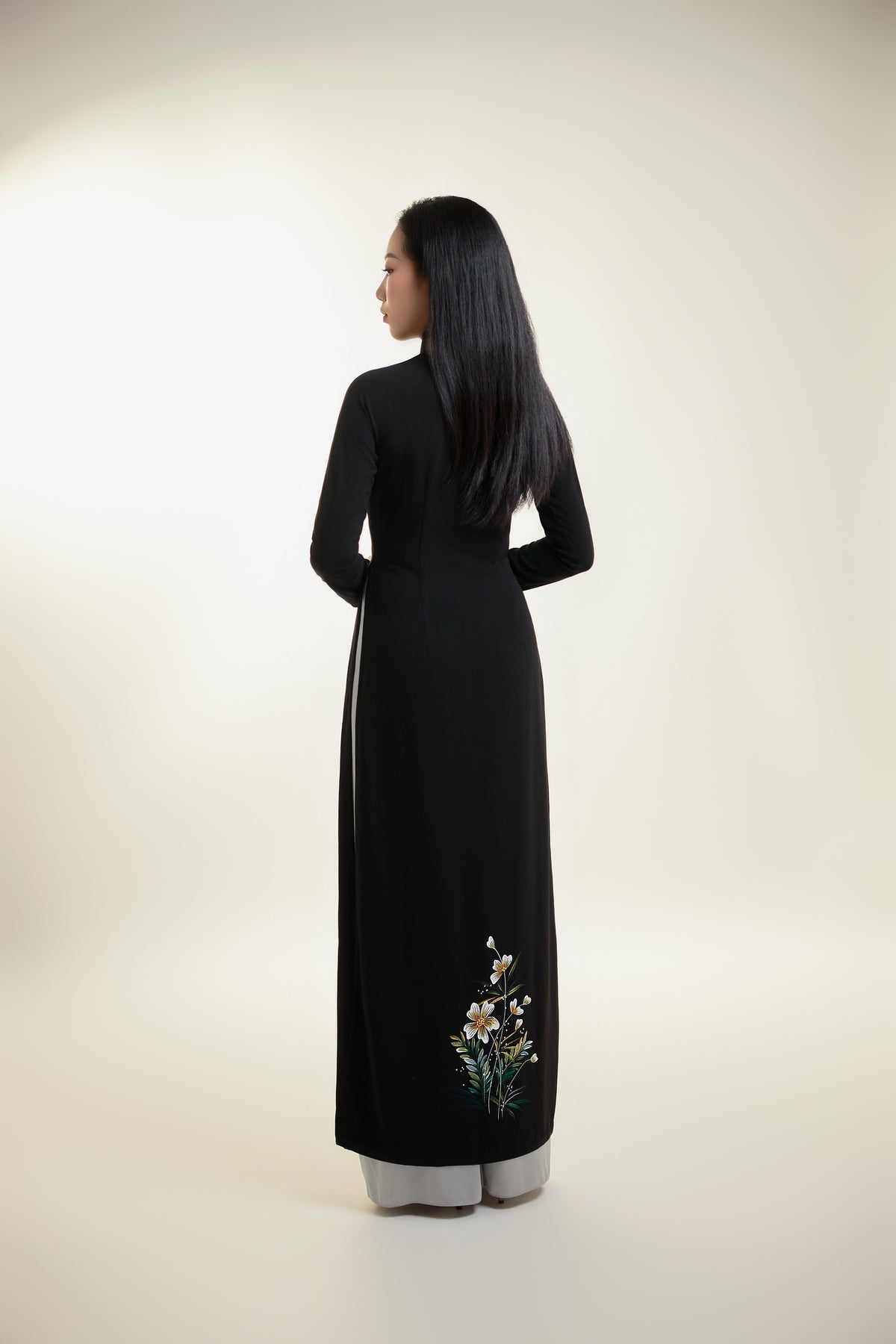 Hand-painted Ao Dai on Black Silk and Grey Pants