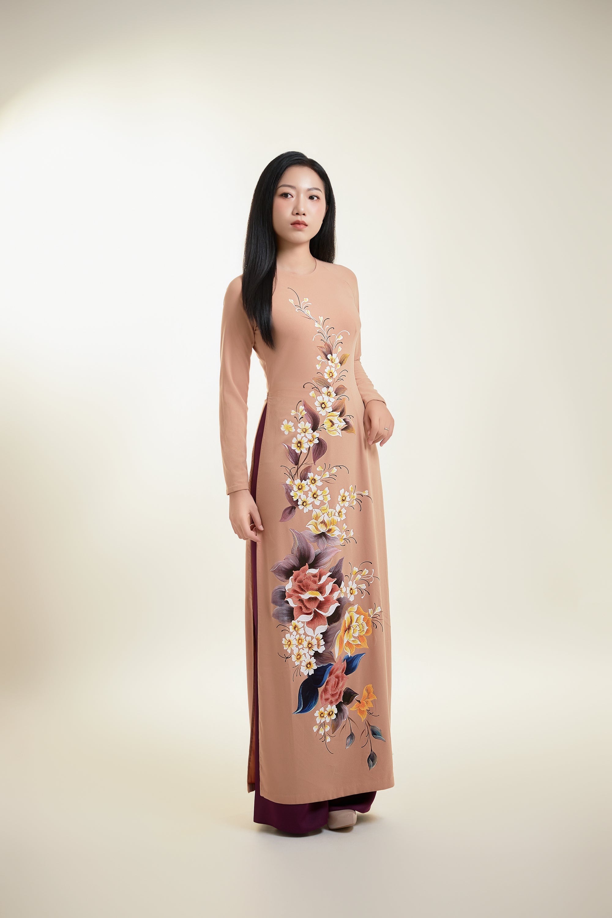 Hand-painted Ao Dai on Nude Pink Silk and Purple Pants