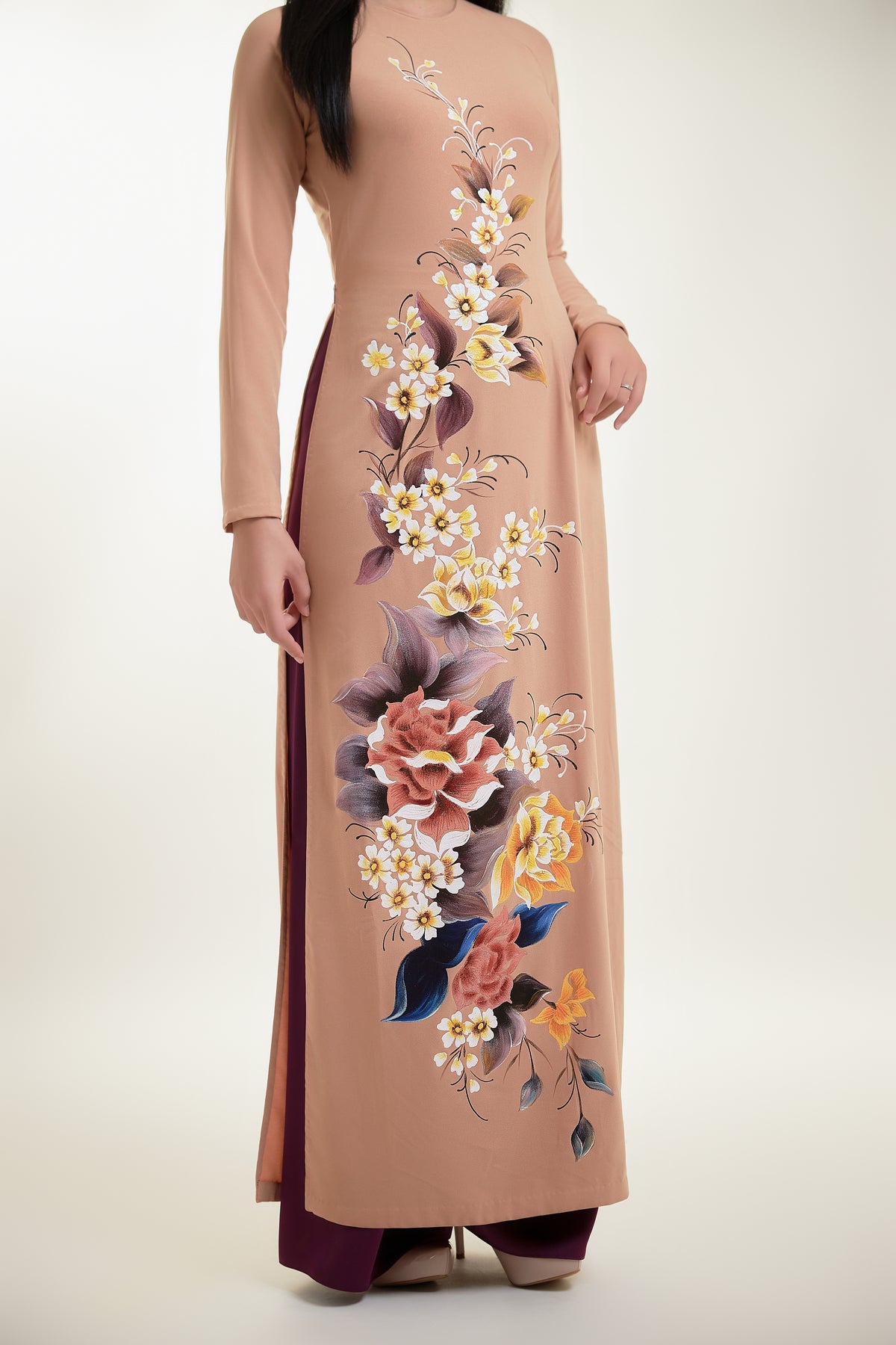 Hand-painted Ao Dai on Nude Pink Silk and Purple Pants
