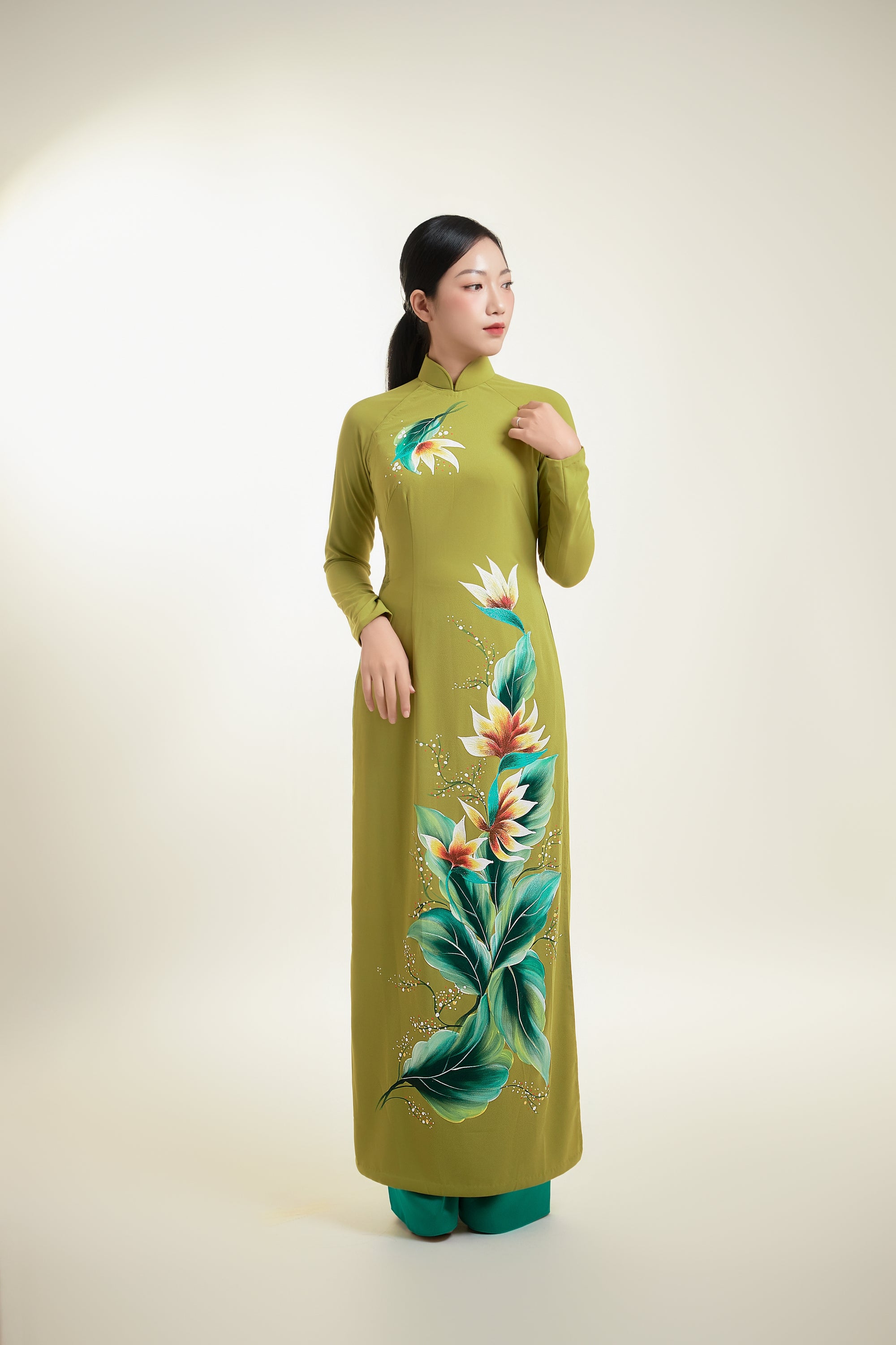 Hand-painted Ao Dai on Lime Green Silk