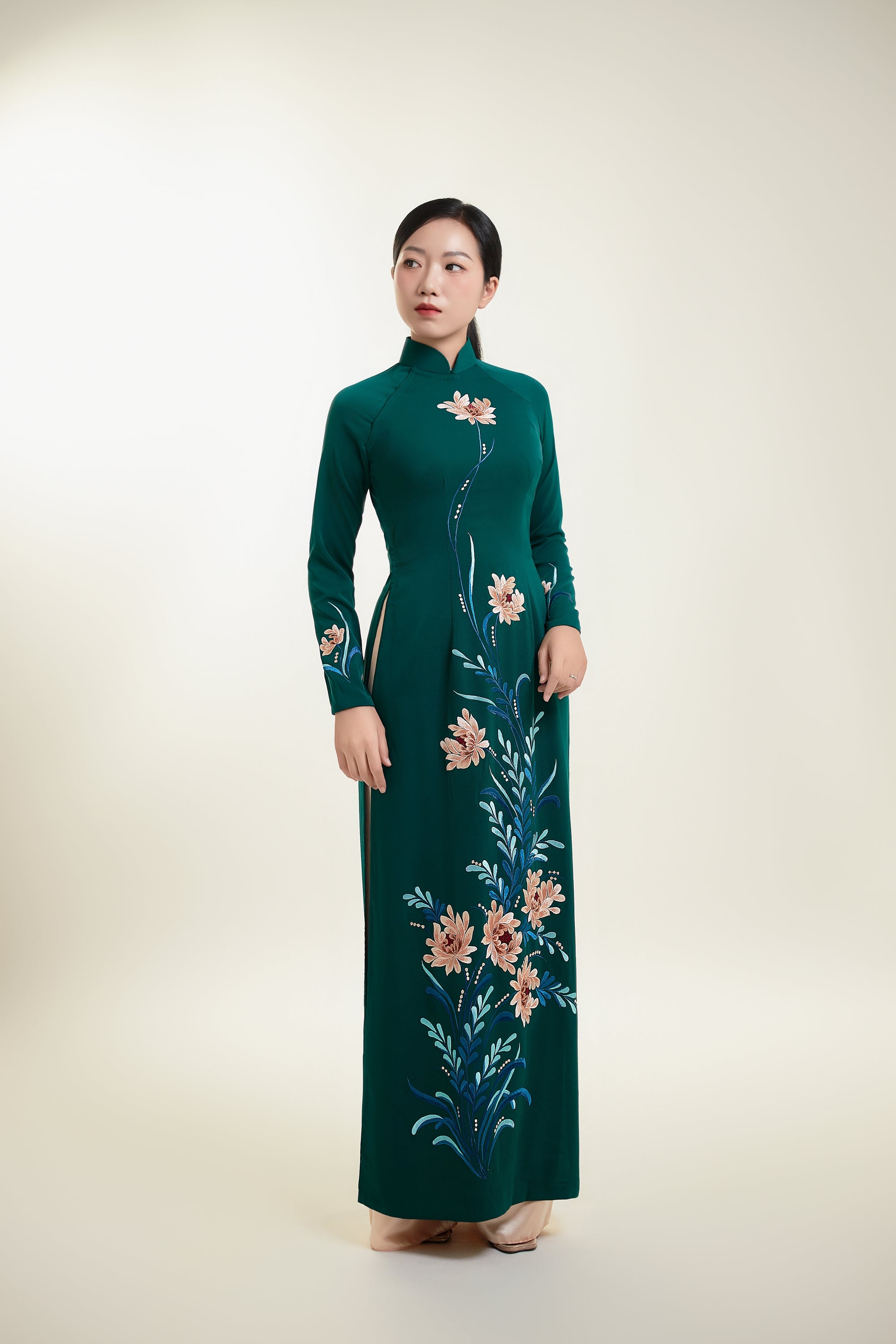 Ao Dai with Chrysanthemum Embroidered on Green Silk