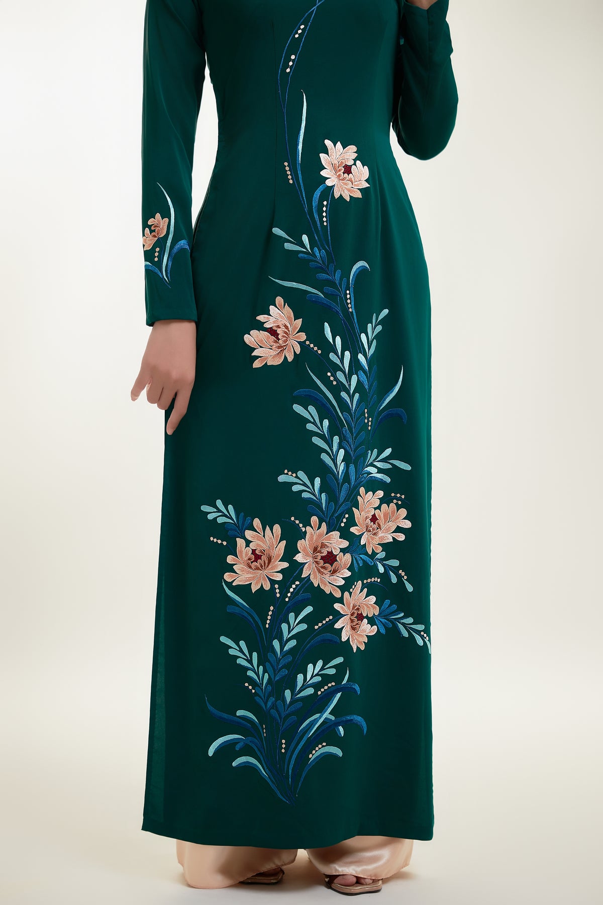 Ao Dai with Chrysanthemum Embroidered on Green Silk