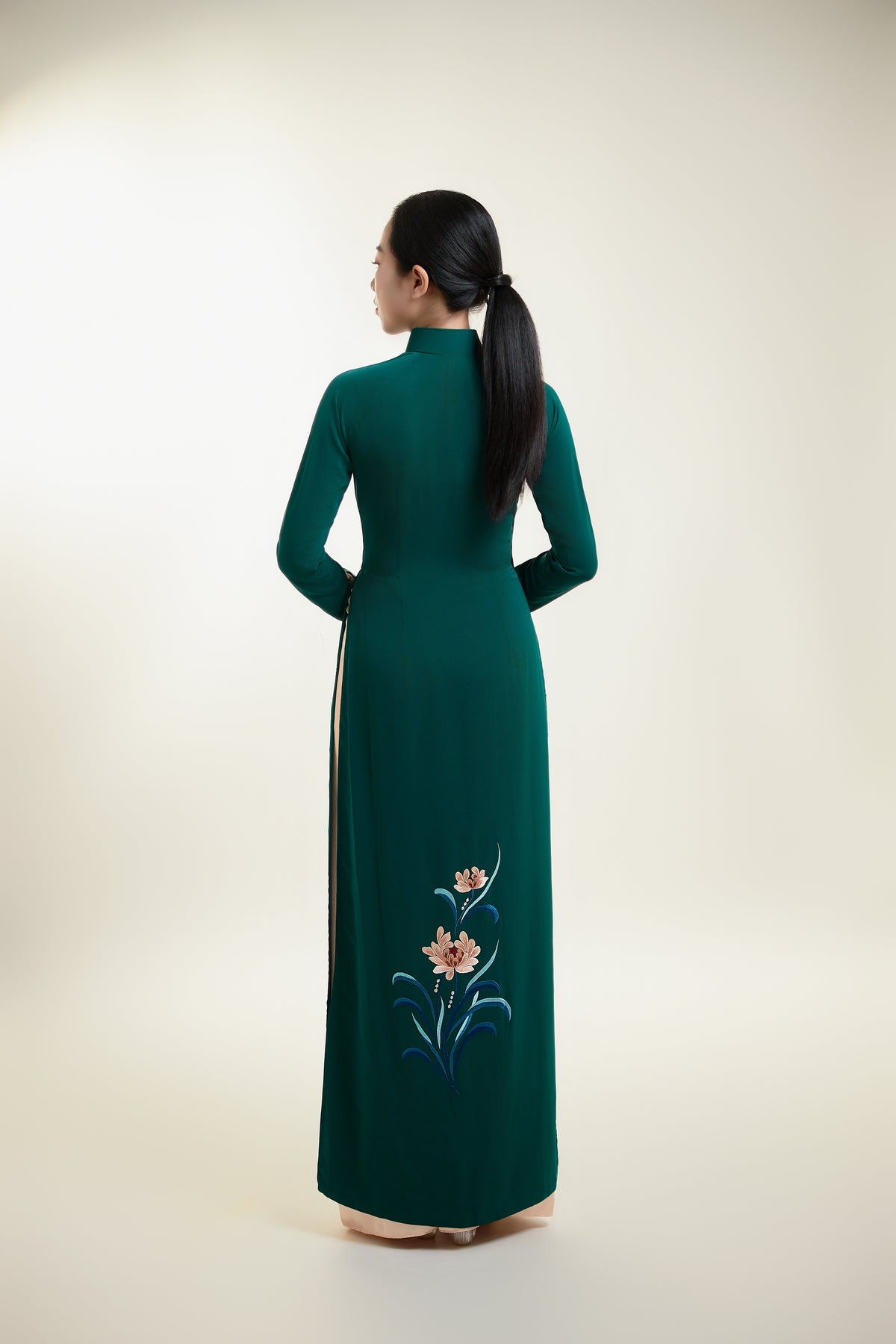 Ao Dai with Chrysanthemum Embroidered on Green Silk