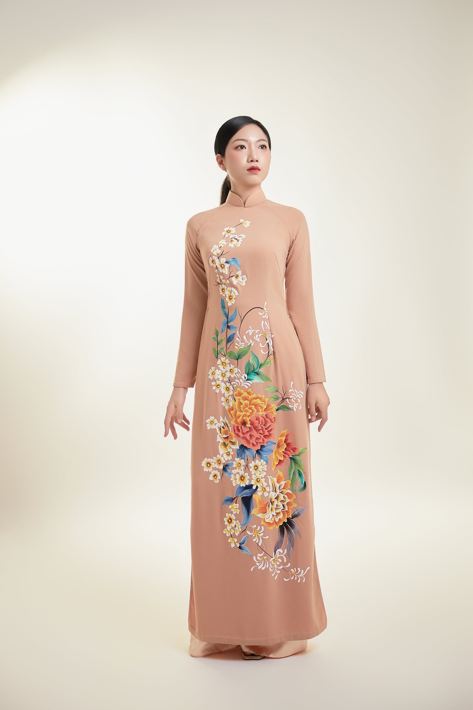 Hand-painted Ao Dai on Nude Pink Silk