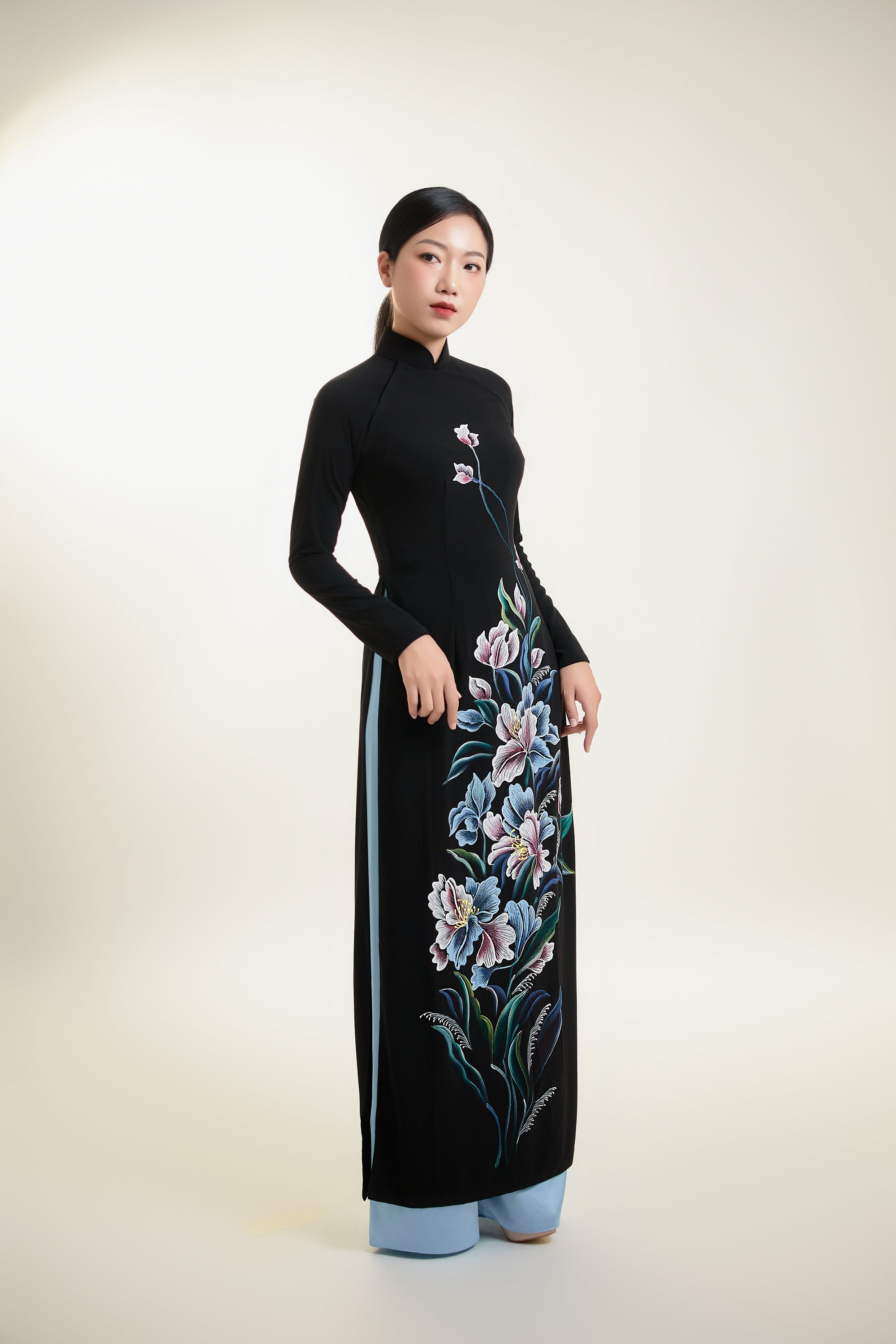 Hand-painted Ao Dai on Black Silk