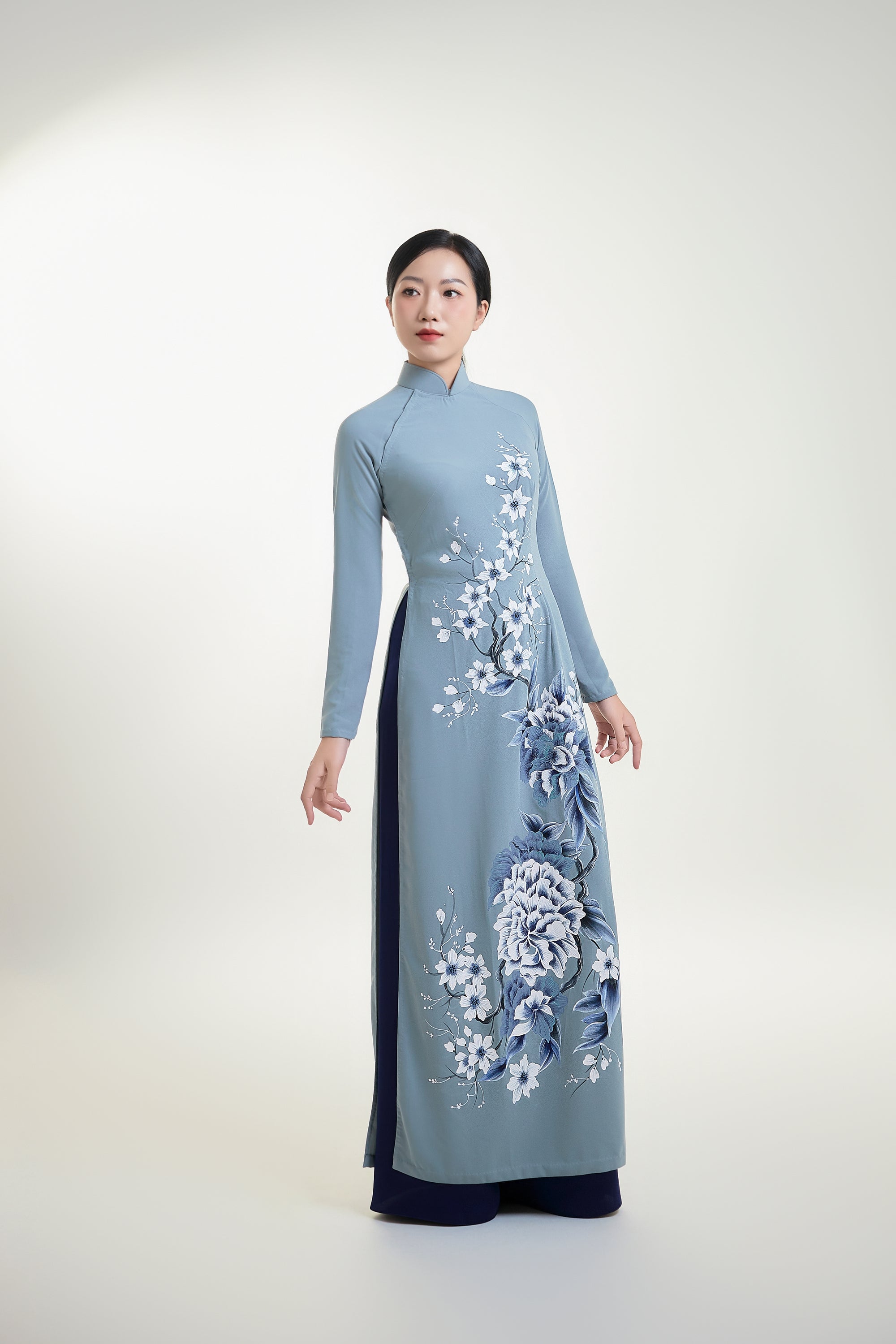 Hand-painted Ao Dai on Grey Silk