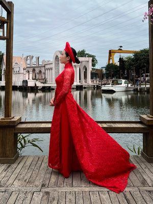 Wedding ao dai. Vietnamese long dress in spectacular red lace.