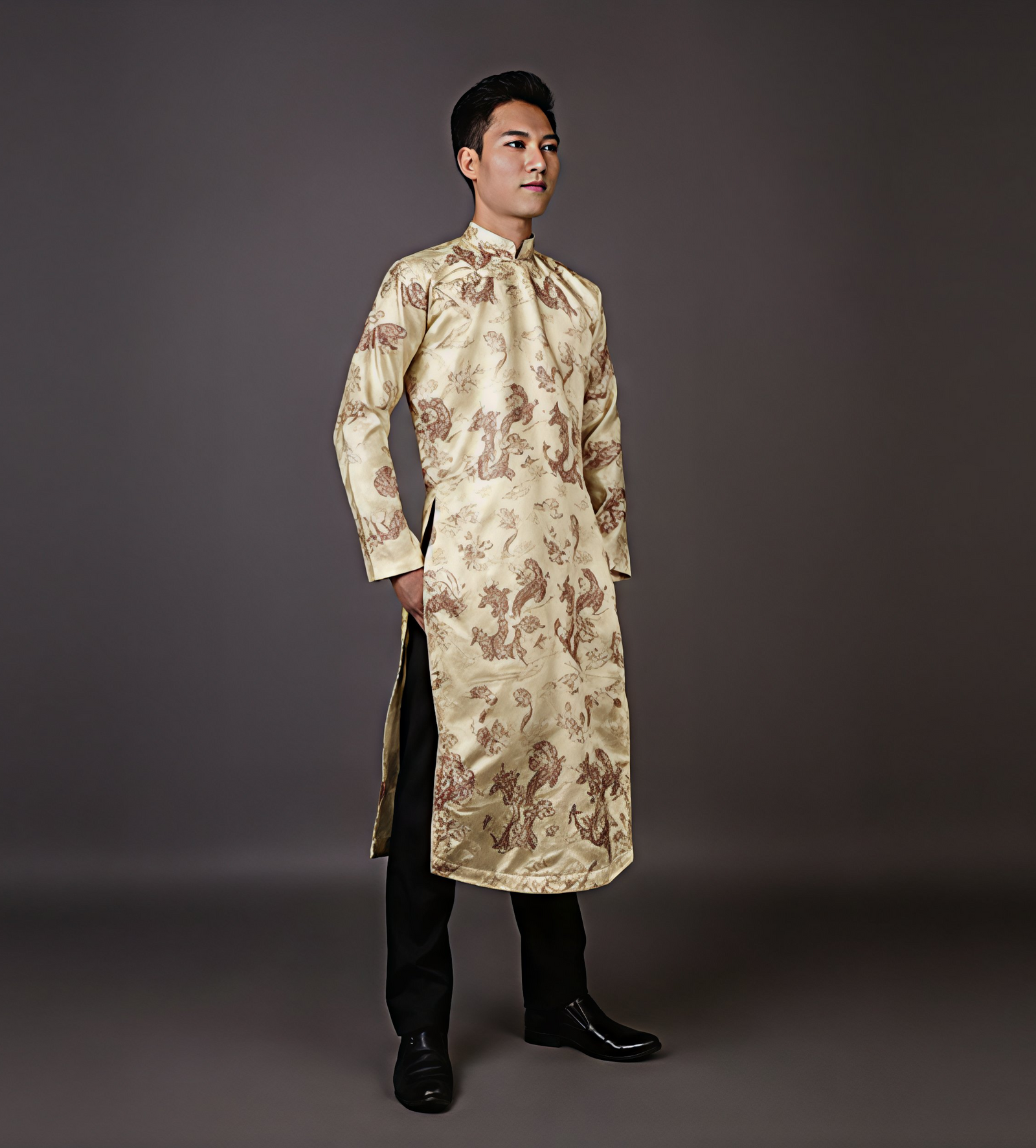 Men's ao dai in Champaigne color with Dragon design - Vietnamese national clothing.