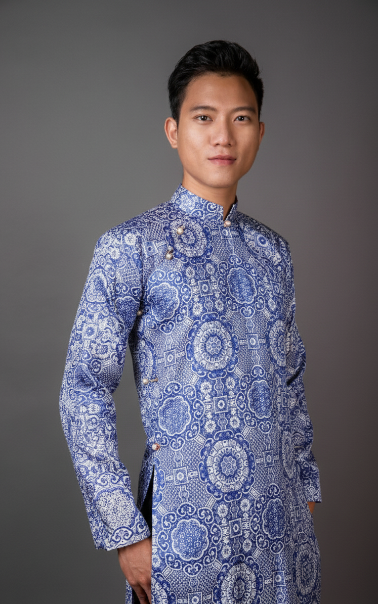 Blue and White Men's ao dai. Vietnamese national clothing. Free custom fit.