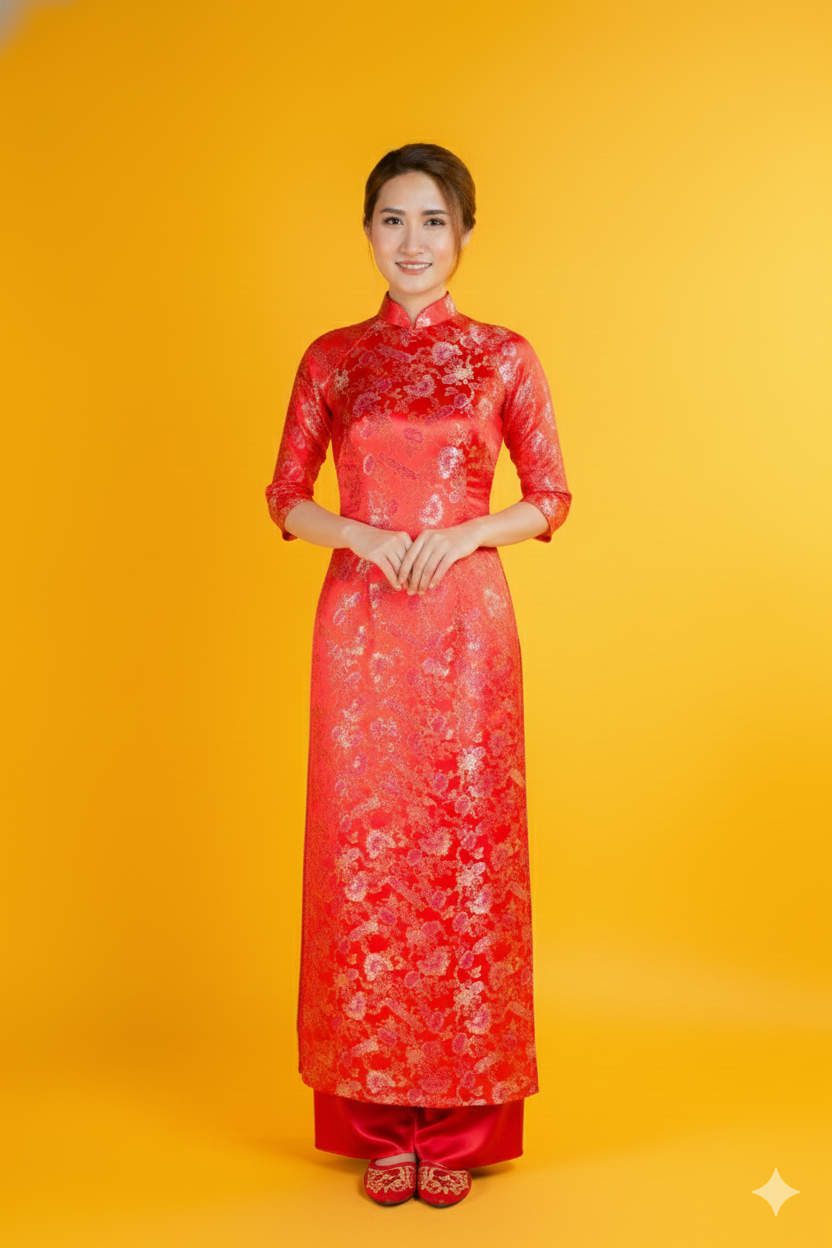 Brocade Ao Dai - Fan and Floral Pattern