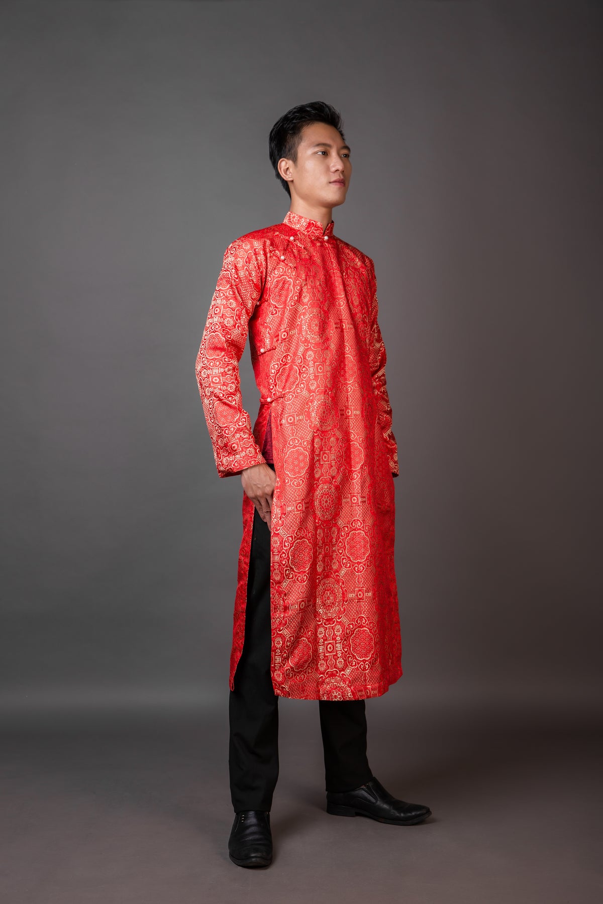 Red Men's ao dai. Vietnamese national clothing. Free custom fit.