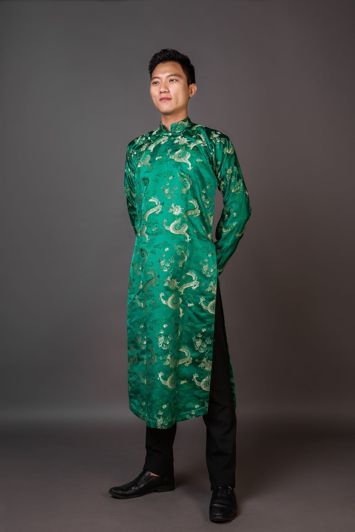 Green Men's ao dai with Dragon design - Vietnamese national clothing.