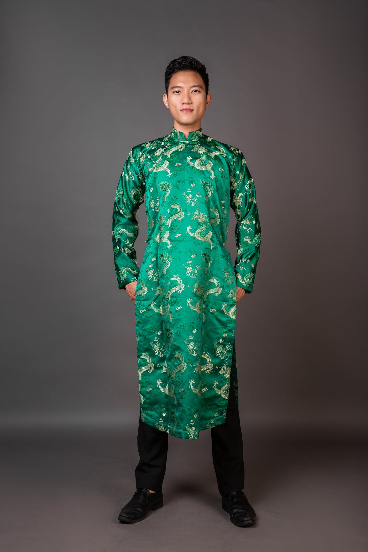 Green Men's ao dai with Dragon design - Vietnamese national clothing.
