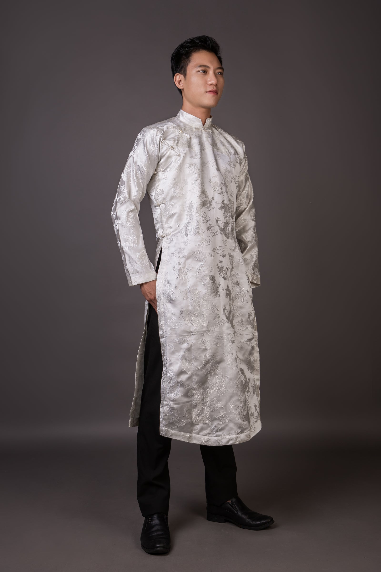 White Men's ao dai Vietnamese traditional tunic for wedding, graduation etc.