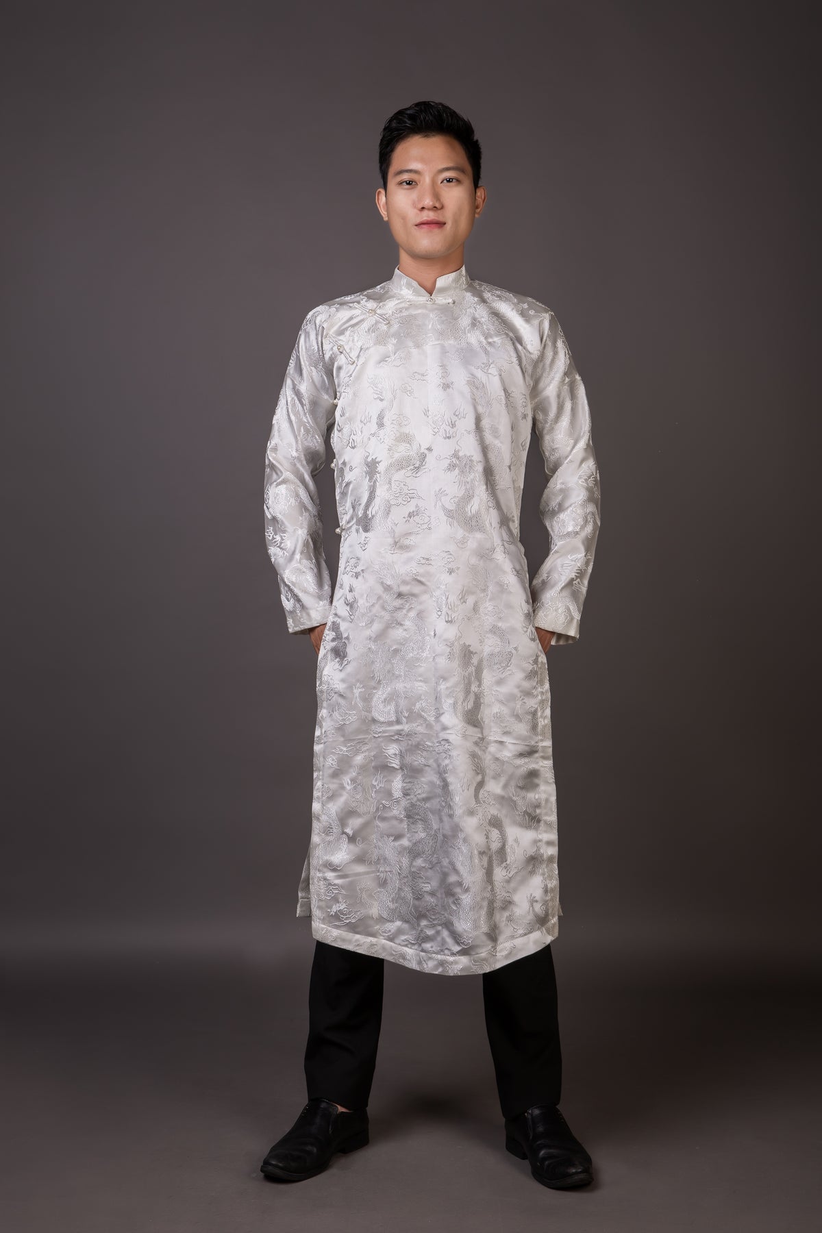 White Men's ao dai Vietnamese traditional tunic for wedding, graduation etc.