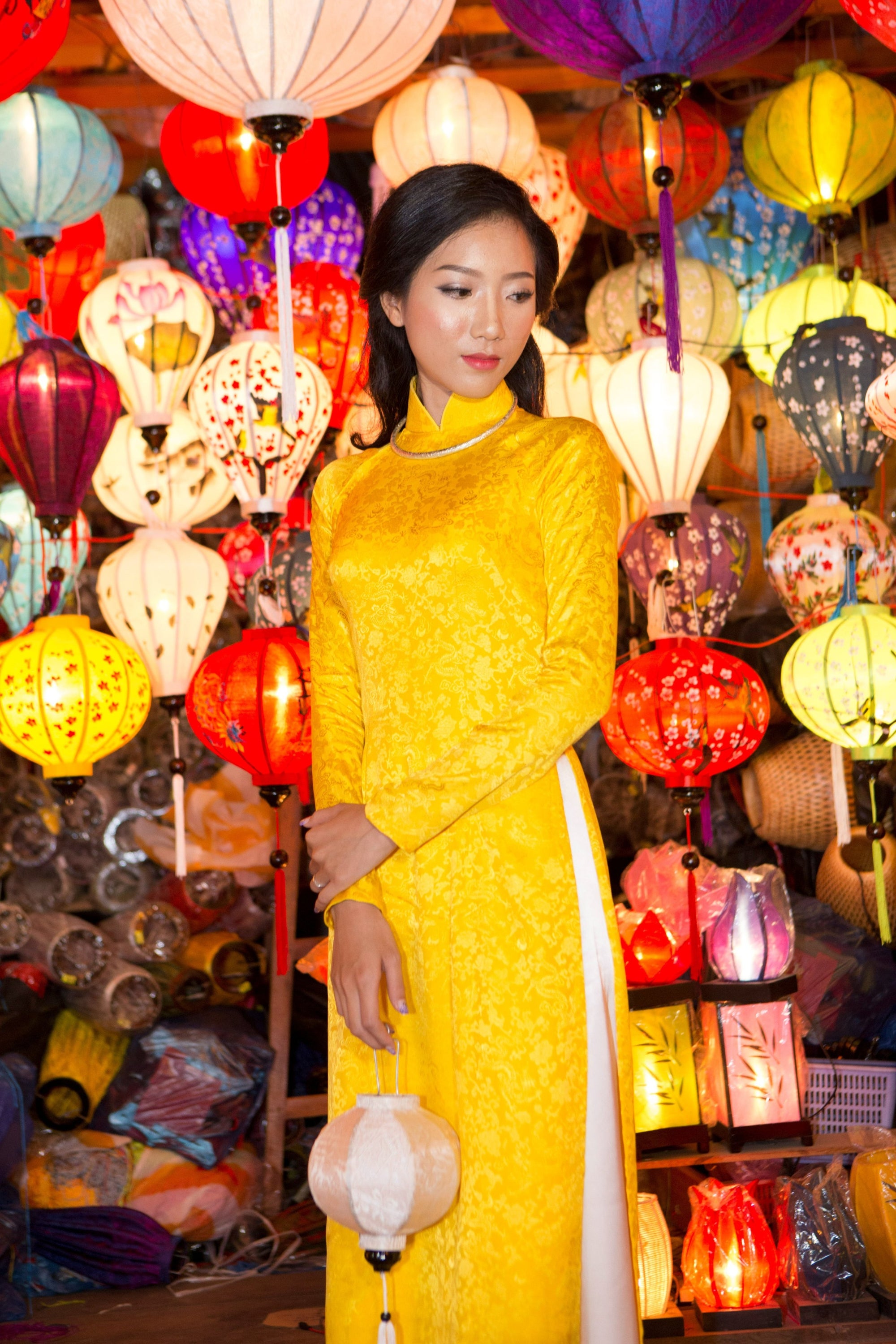 Custom made Vietnamese ao dai dress in yellow brocade