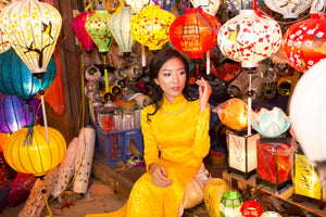 Custom made Vietnamese ao dai dress in yellow brocade