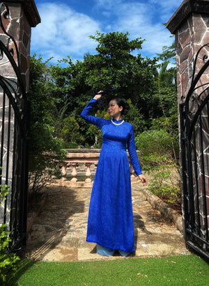 Thai Tuan Silk Brocade Ao Dai in Blue with Leaf Pattern