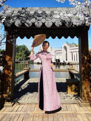 Orchid Pink Taffeta Ao Dai with Navy pants. Vietnamese Ao Dai. Traditional Ao Dai.