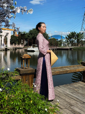 Orchid Pink Taffeta Ao Dai with Navy pants. Vietnamese Ao Dai. Traditional Ao Dai.