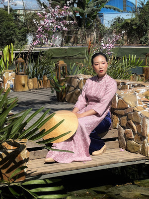 Orchid Pink Taffeta Ao Dai with Navy pants. Vietnamese Ao Dai. Traditional Ao Dai.