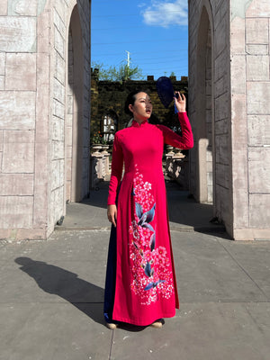 Hand-painted Ao Dai on Fuchsia Pink Silk