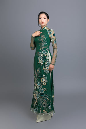 Custom Ao Dai. Multicolored, peacock feather & floral motif lace over green, chiffon fabric.