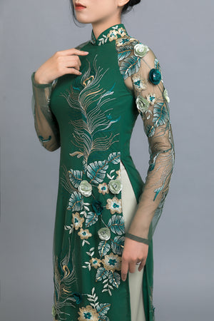 Custom Ao Dai. Multicolored, peacock feather & floral motif lace over green, chiffon fabric.