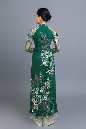 Custom Ao Dai. Multicolored, peacock feather & floral motif lace over green, chiffon fabric.