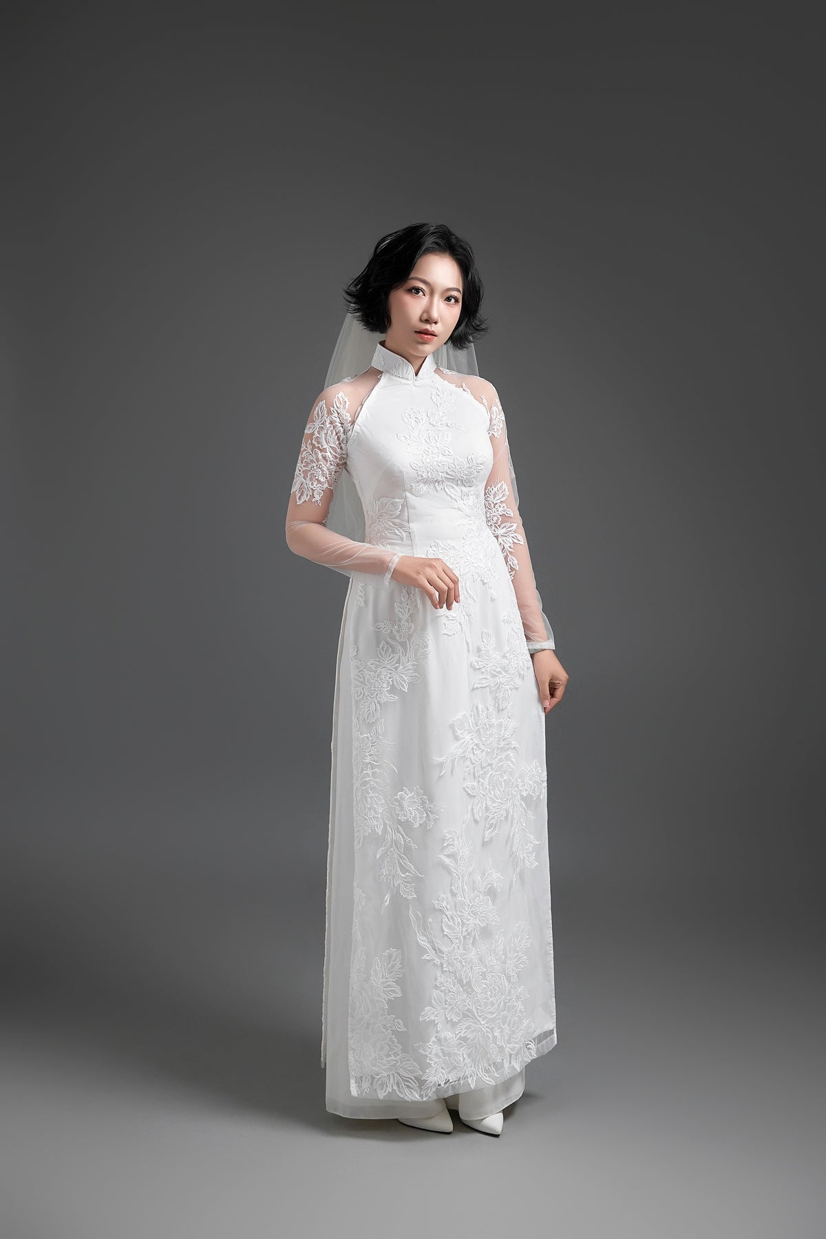 White Floral Lace Wedding Ao Dai