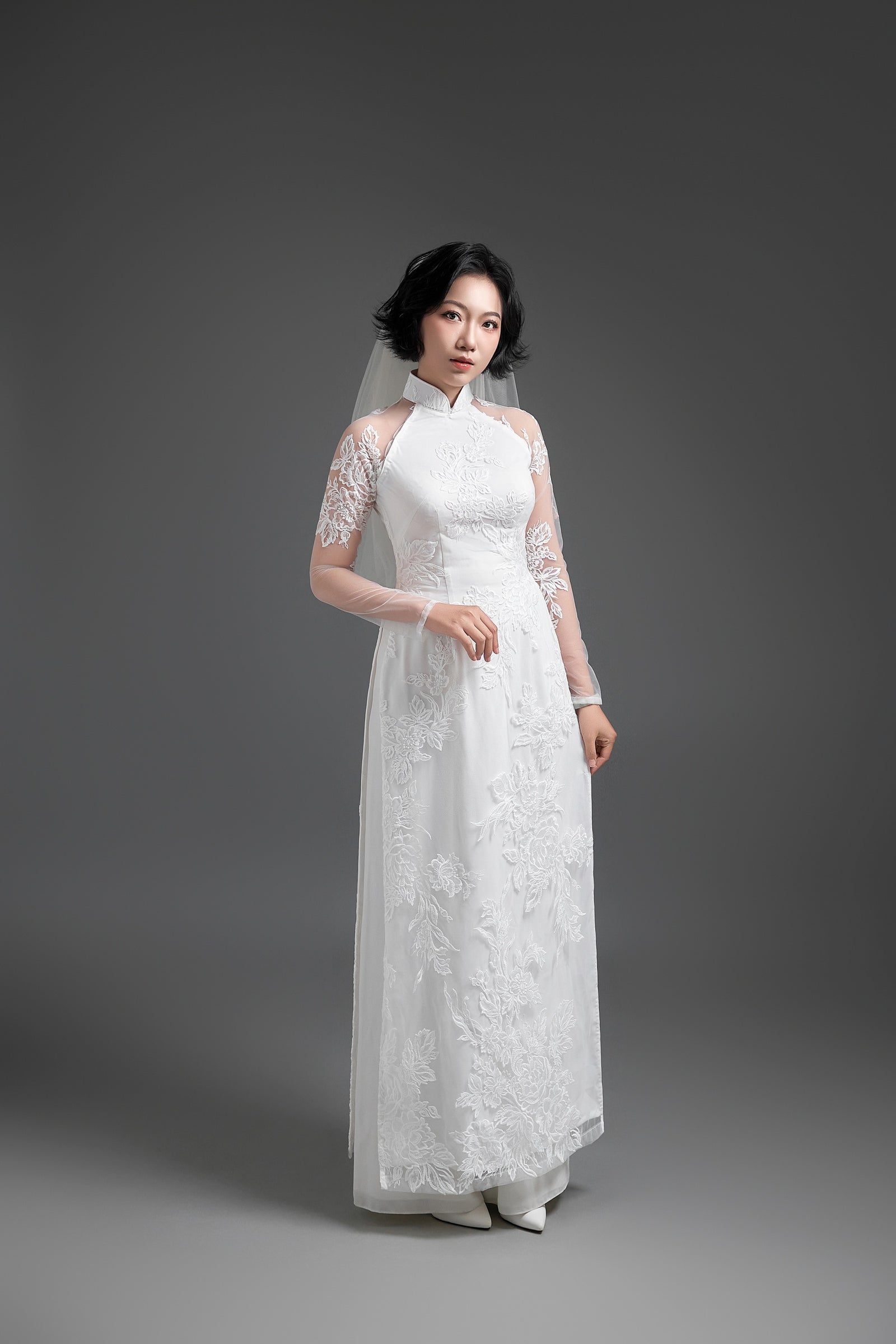 White Floral Lace Wedding Ao Dai