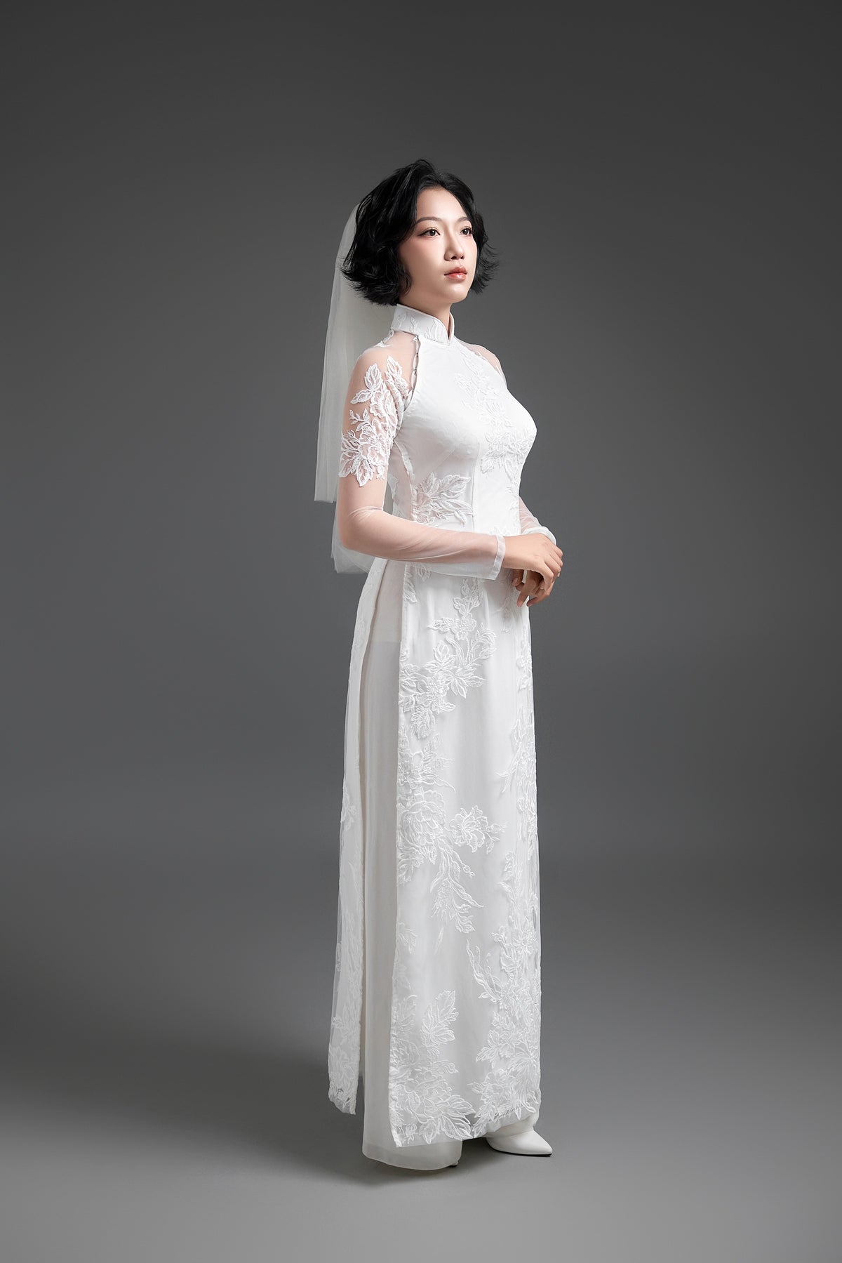 White Floral Lace Wedding Ao Dai