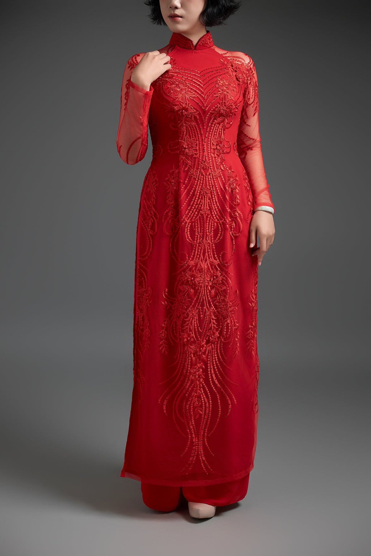 Embroidered Red Lace Wedding Ao Dai
