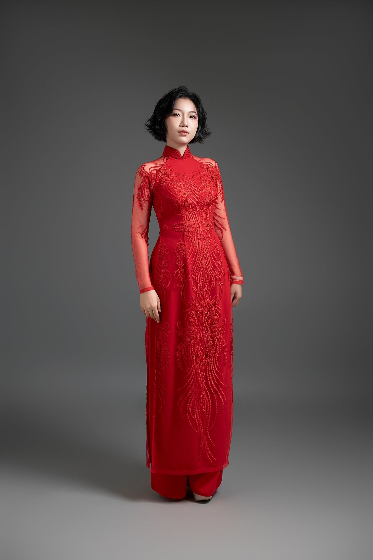 Embroidered Red Lace Wedding Ao Dai