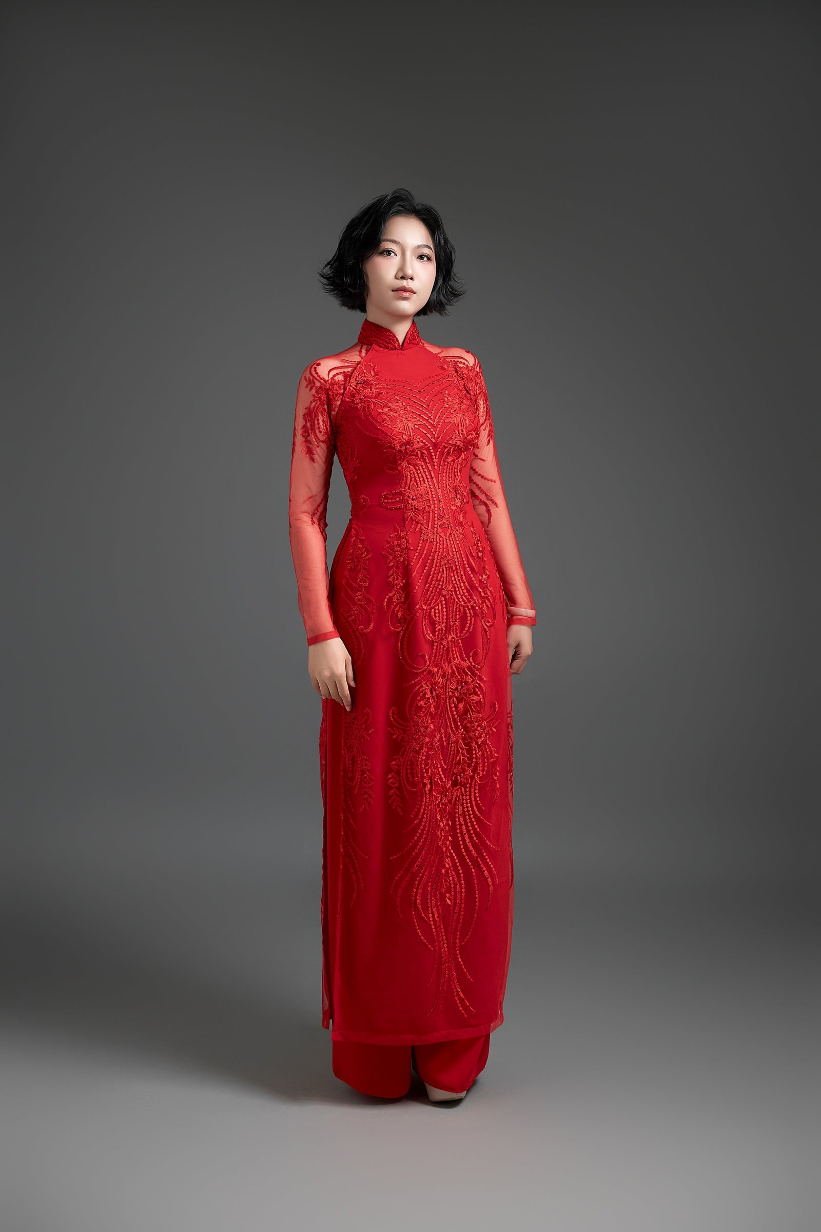 Embroidered Red Lace Wedding Ao Dai