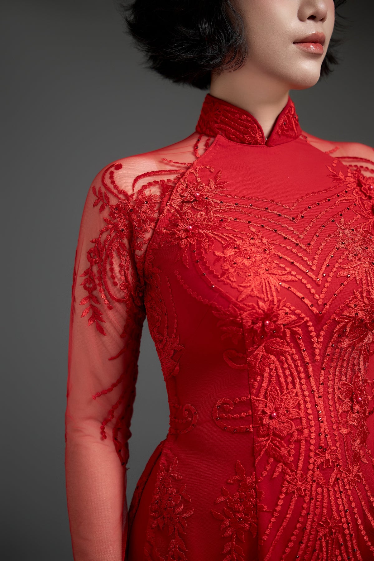 Embroidered Red Lace Wedding Ao Dai