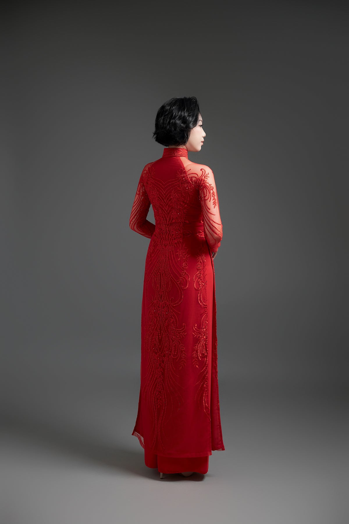 Embroidered Red Lace Wedding Ao Dai