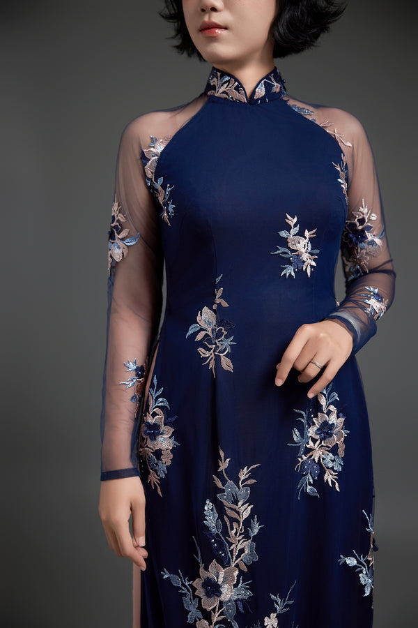 Embroidered Navy Lace Ao Dai - Mark&Vy Ao Dai