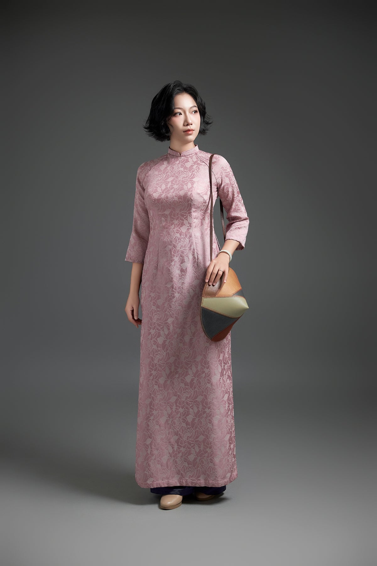 Orchid Pink Taffeta Ao Dai with Navy pants. Vietnamese Ao Dai. Traditional Ao Dai.