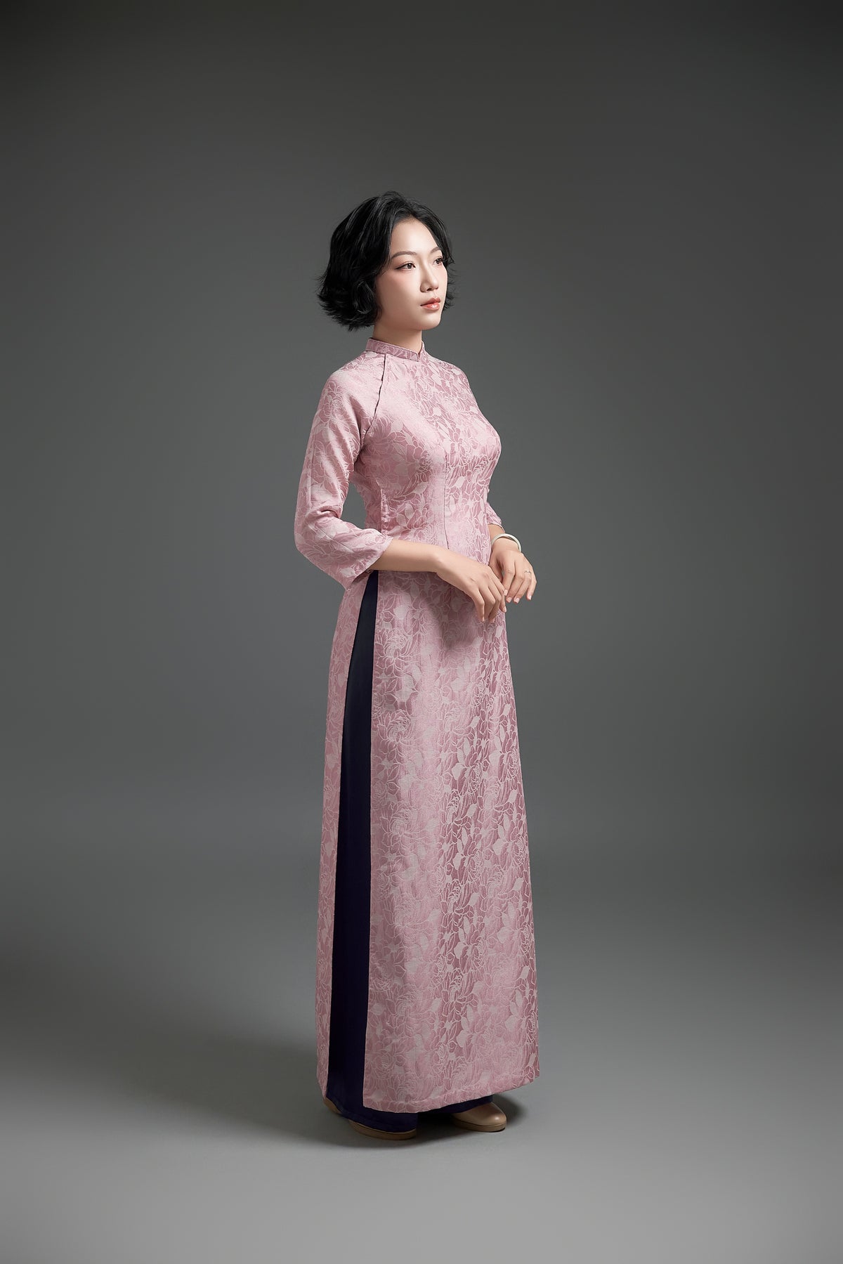 Orchid Pink Taffeta Ao Dai with Navy pants. Vietnamese Ao Dai. Traditional Ao Dai.