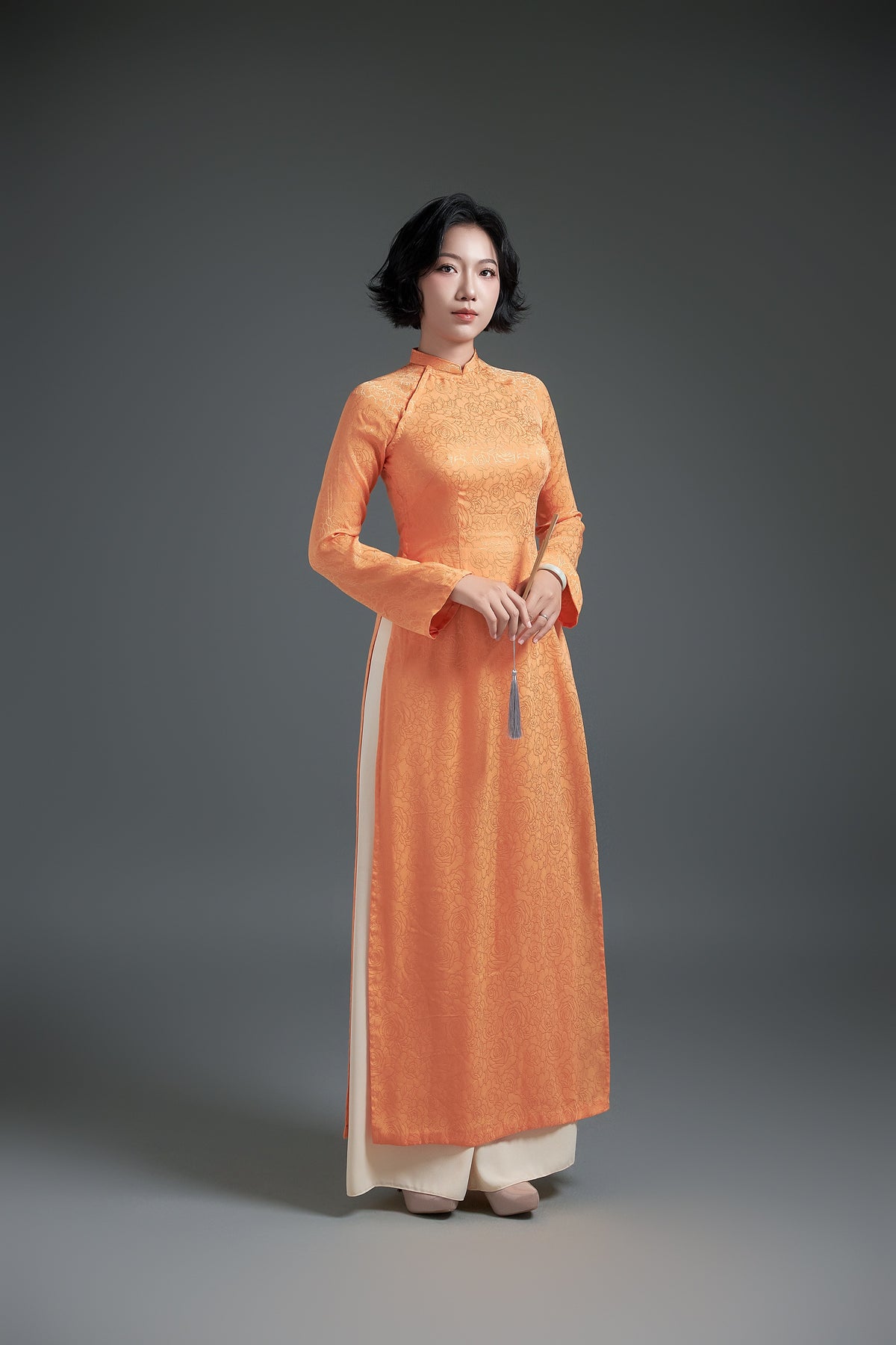 Elegant Apricot Silk Brocade Áo Dài