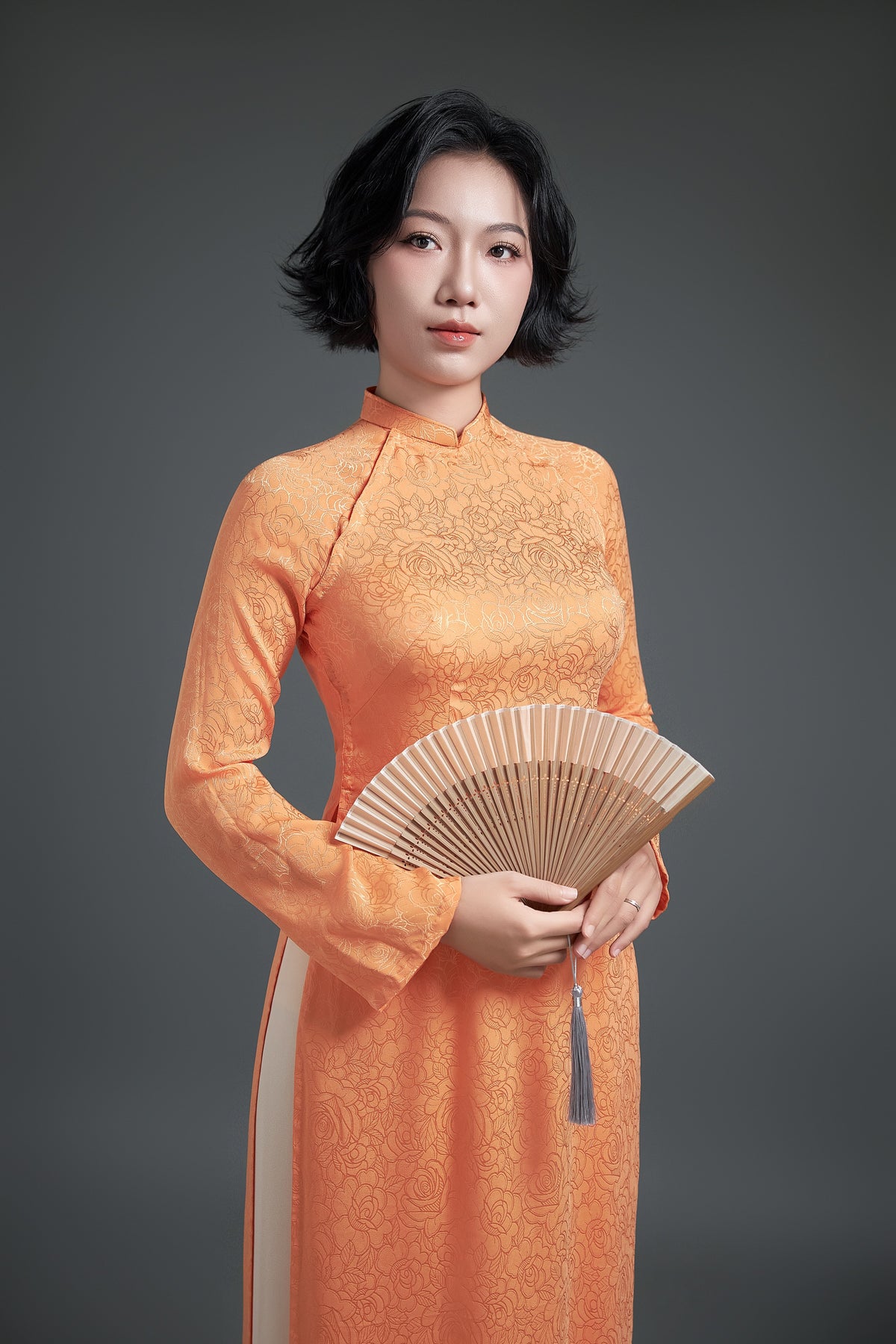 Elegant Apricot Silk Brocade Áo Dài