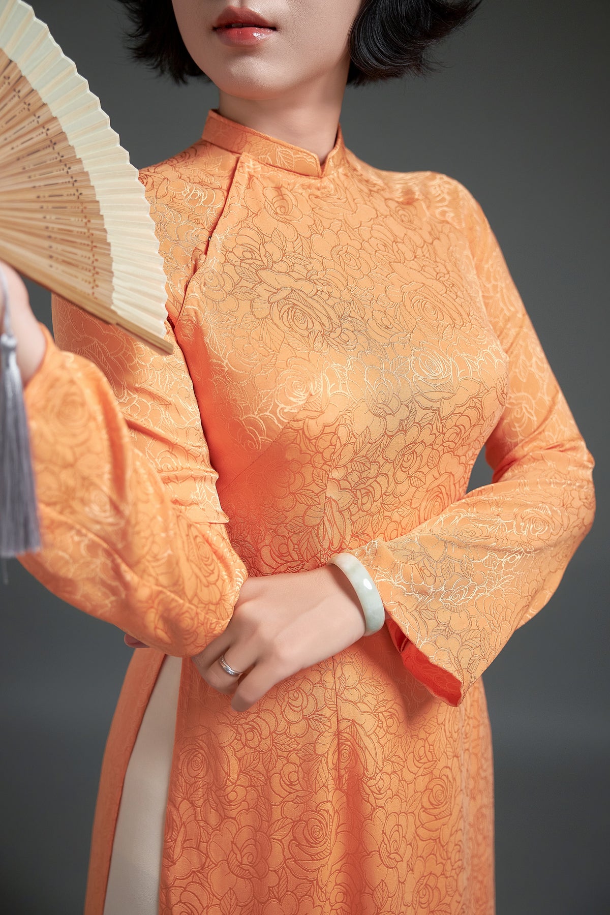 Elegant Apricot Silk Brocade Áo Dài