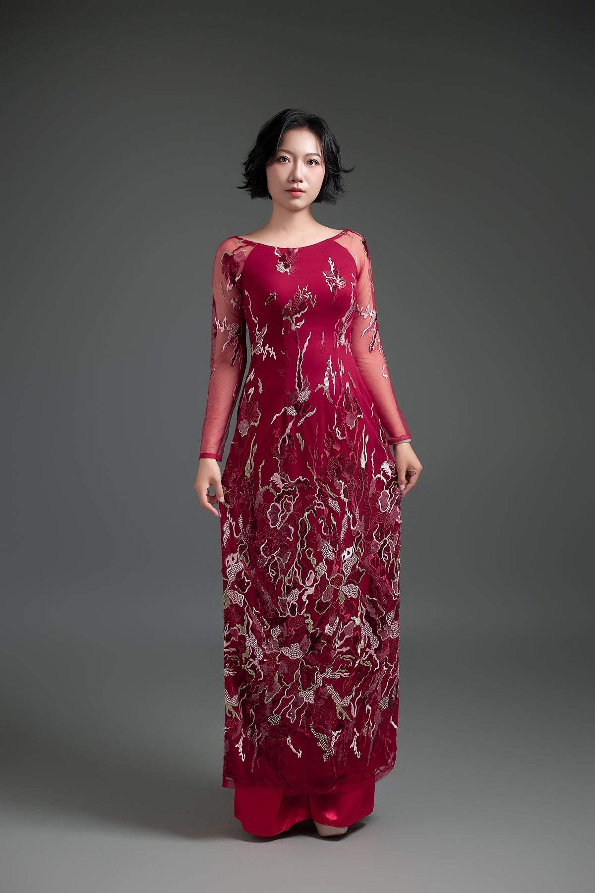 Sequined Elegance in Dark Red Ao Dai