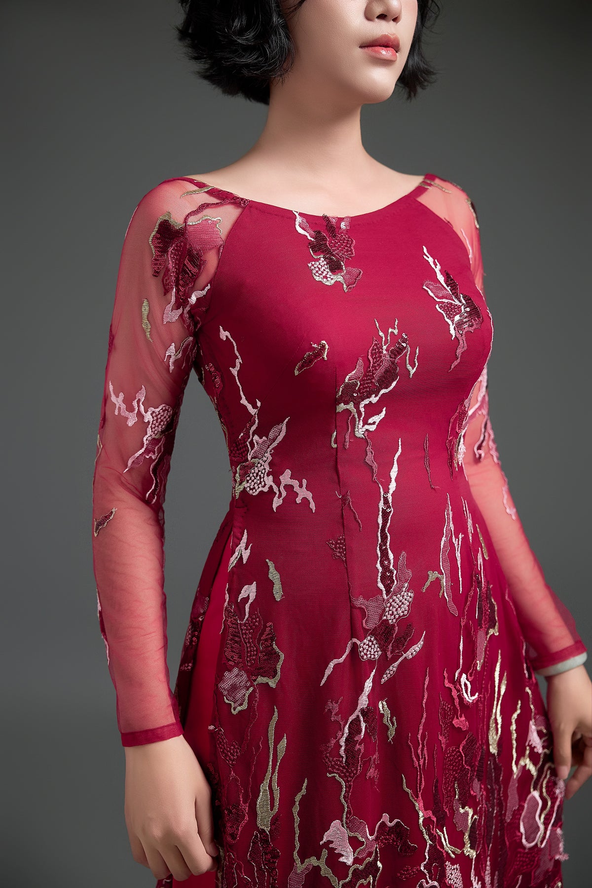 Sequined Elegance in Dark Red Ao Dai