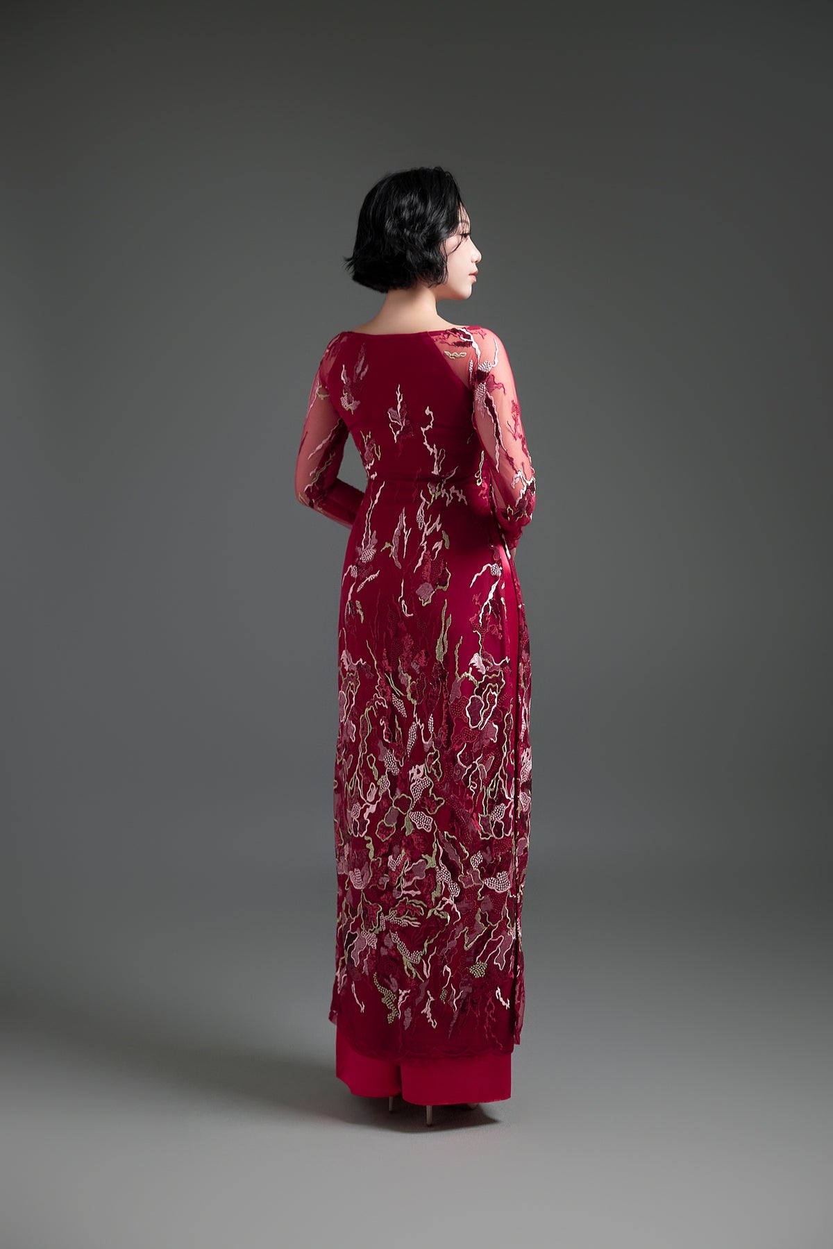 Sequined Elegance in Dark Red Ao Dai